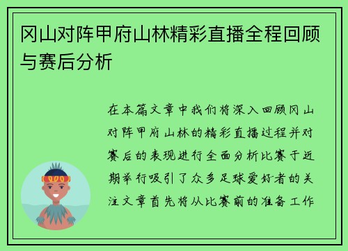 冈山对阵甲府山林精彩直播全程回顾与赛后分析